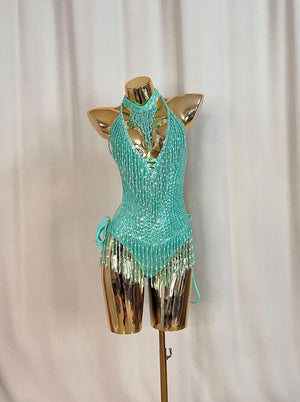 Women's Teal Sequin Beaded Fringe Halterneck Latin Dance Bodysuit
