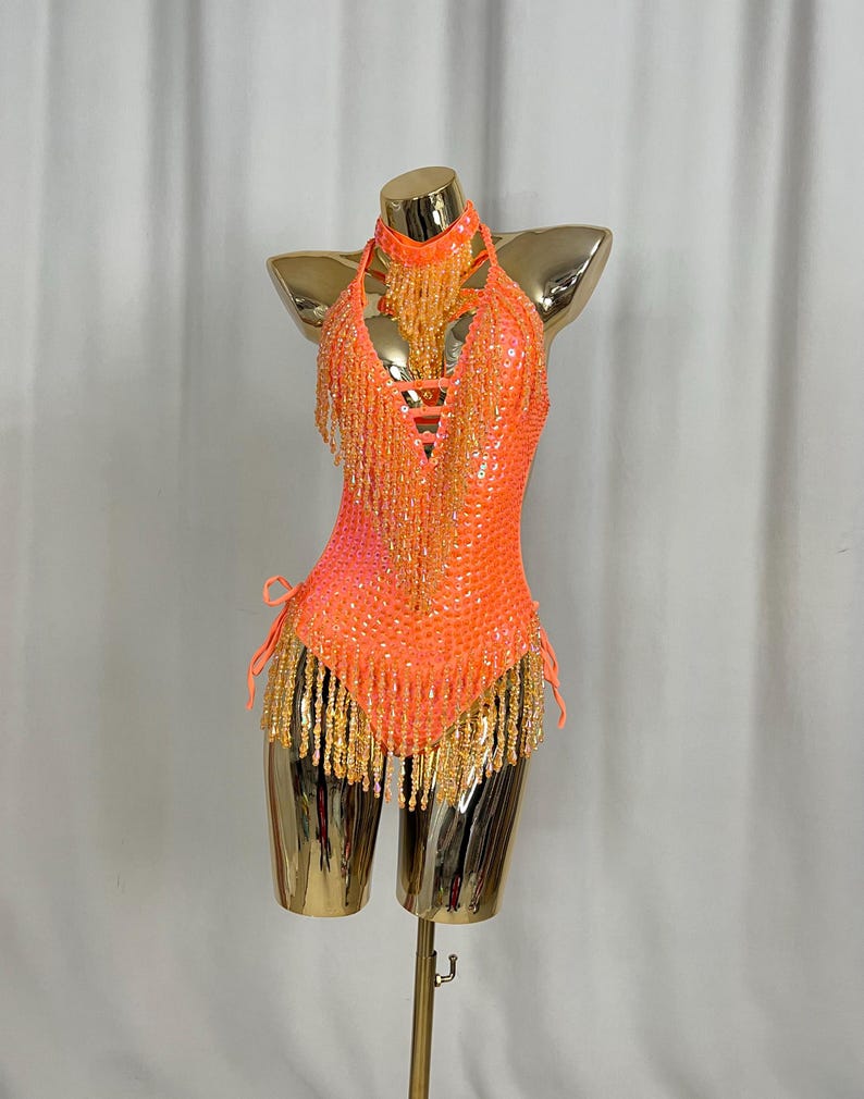 Latin Dance Leotard Women's Orange Sequin Beaded Fringe Halter Neck Bodysuit