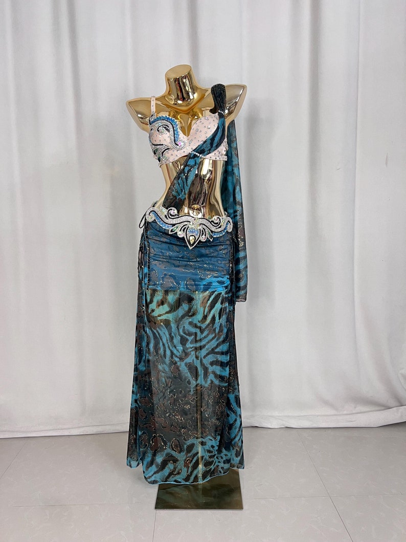 Belly Dance Costume Women's Blue & Black Animal Print Chiffon & Sequin Bra Top with Embellished Hip Scarf & Skirt Set
