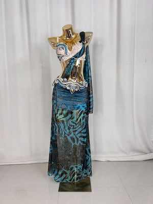 Belly Dance Costume Women's Blue & Black Animal Print Chiffon & Sequin Bra Top with Embellished Hip Scarf & Skirt Set