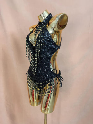 Dancewear Women's Black & Gold Sequin Beaded Fringe Halter Bodysuit