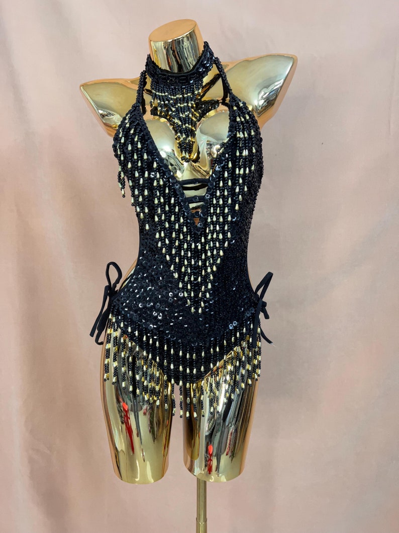 Dancewear Women's Black & Gold Sequin Beaded Fringe Halter Bodysuit
