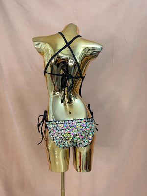 Women's Black Iridescent Rhinestone Halter Neck Bodysuit with Side Ties, Latin Dance