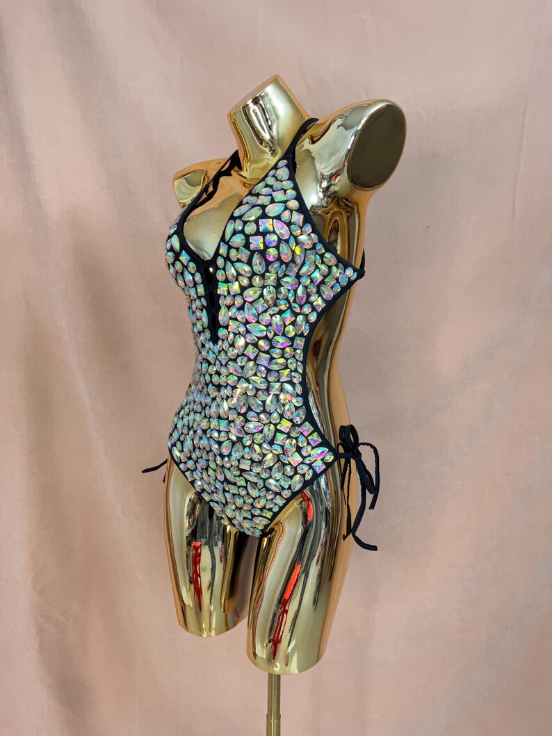 Women's Black Iridescent Rhinestone Halter Neck Bodysuit with Side Ties, Latin Dance