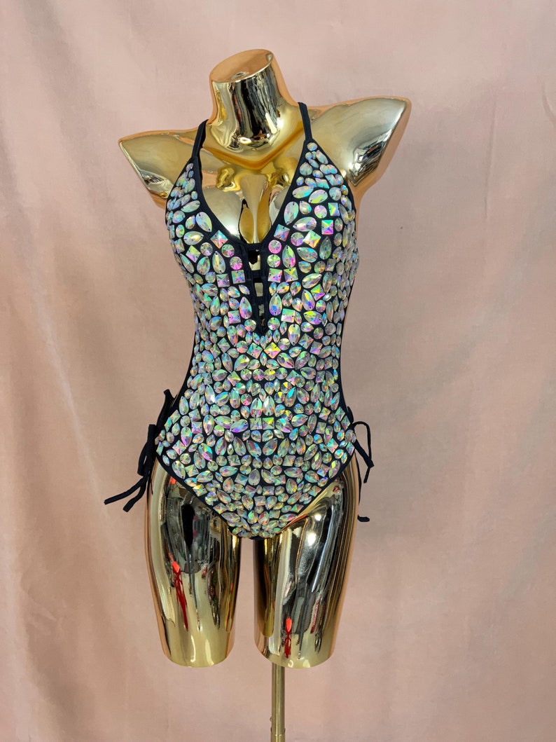 Women's Black Iridescent Rhinestone Halter Neck Bodysuit with Side Ties, Latin Dance