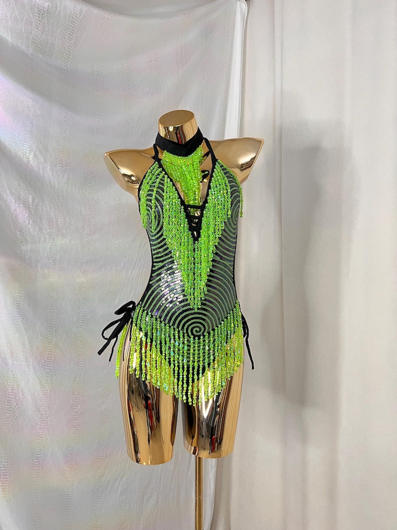 Women's Neon Green Sequin Beaded Fringe Halter Neck Dance Leotard