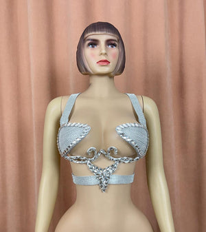 Dancing Top Women's Silver Rhinestone Crystal Embellished Halter Bra Belly Dance