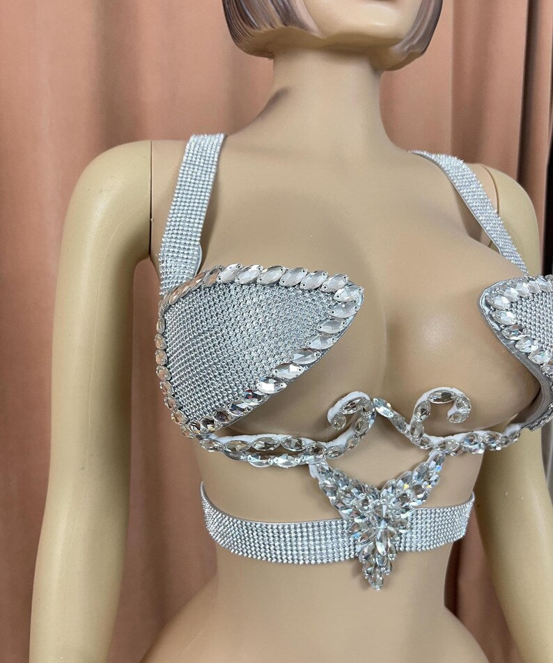 Dancing Top Women's Silver Rhinestone Crystal Embellished Halter Bra Belly Dance