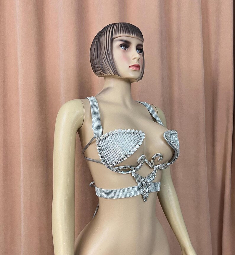 Dancing Top Women's Silver Rhinestone Crystal Embellished Halter Bra Belly Dance