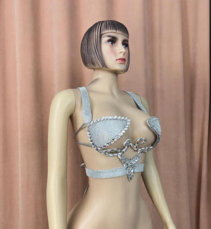 Dancing Top Women's Silver Rhinestone Crystal Embellished Halter Bra Belly Dance