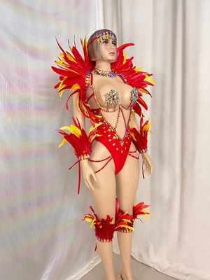 Carnival Dance Costume, Women's Red & Yellow Feathered Rhinestone Bodysuit, Samba/Soca Dance