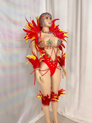 Carnival Dance Costume, Women's Red & Yellow Feathered Rhinestone Bodysuit, Samba/Soca Dance