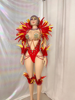 Carnival Dance Costume, Women's Red & Yellow Feathered Rhinestone Bodysuit, Samba/Soca Dance