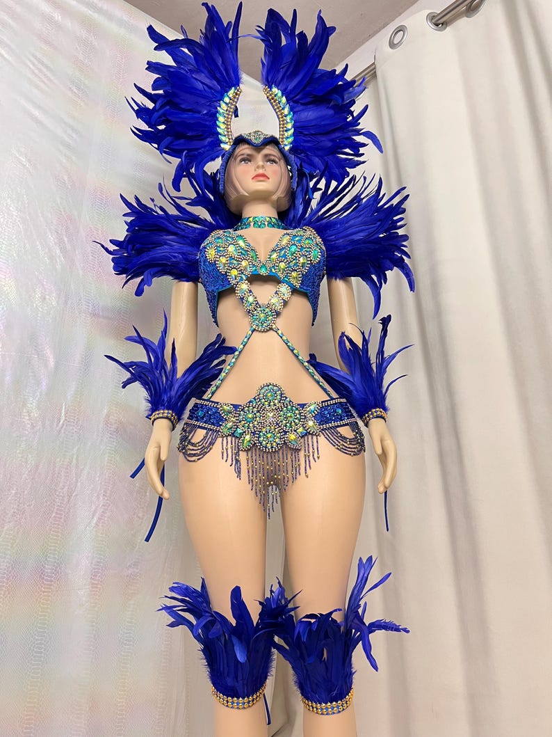 Carnival Dance Costume Adult Female Blue Feathered Rhinestone Beaded Sequin Brazilian Samba Dancewear