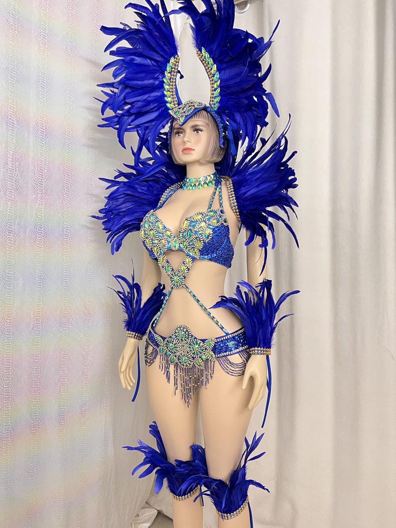 Carnival Dance Costume Adult Female Blue Feathered Rhinestone Beaded Sequin Brazilian Samba Dancewear