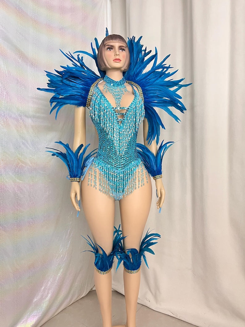 Carnival/Samba Dance Costume Women's Blue Sequin Beaded Feather Bodysuit with Arm Cuffs and Leg Bands