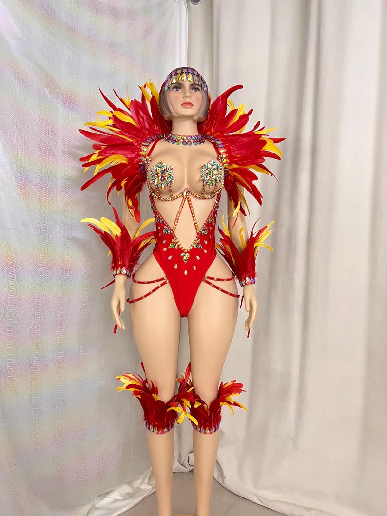 Carnival Dance Costume, Women's Red & Yellow Feathered Rhinestone Bodysuit, Samba/Soca Dance