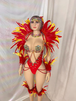 Carnival Dance Costume, Women's Red & Yellow Feathered Rhinestone Bodysuit, Samba/Soca Dance