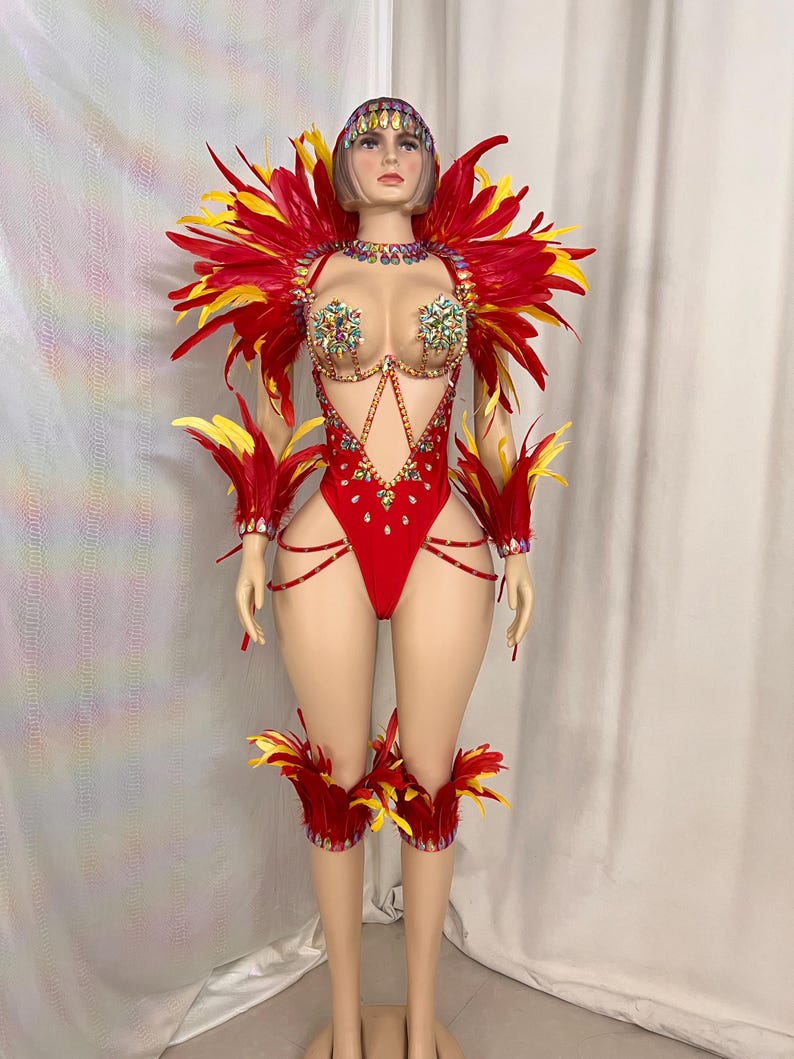 Carnival Dance Costume, Women's Red & Yellow Feathered Rhinestone Bodysuit, Samba/Soca Dance