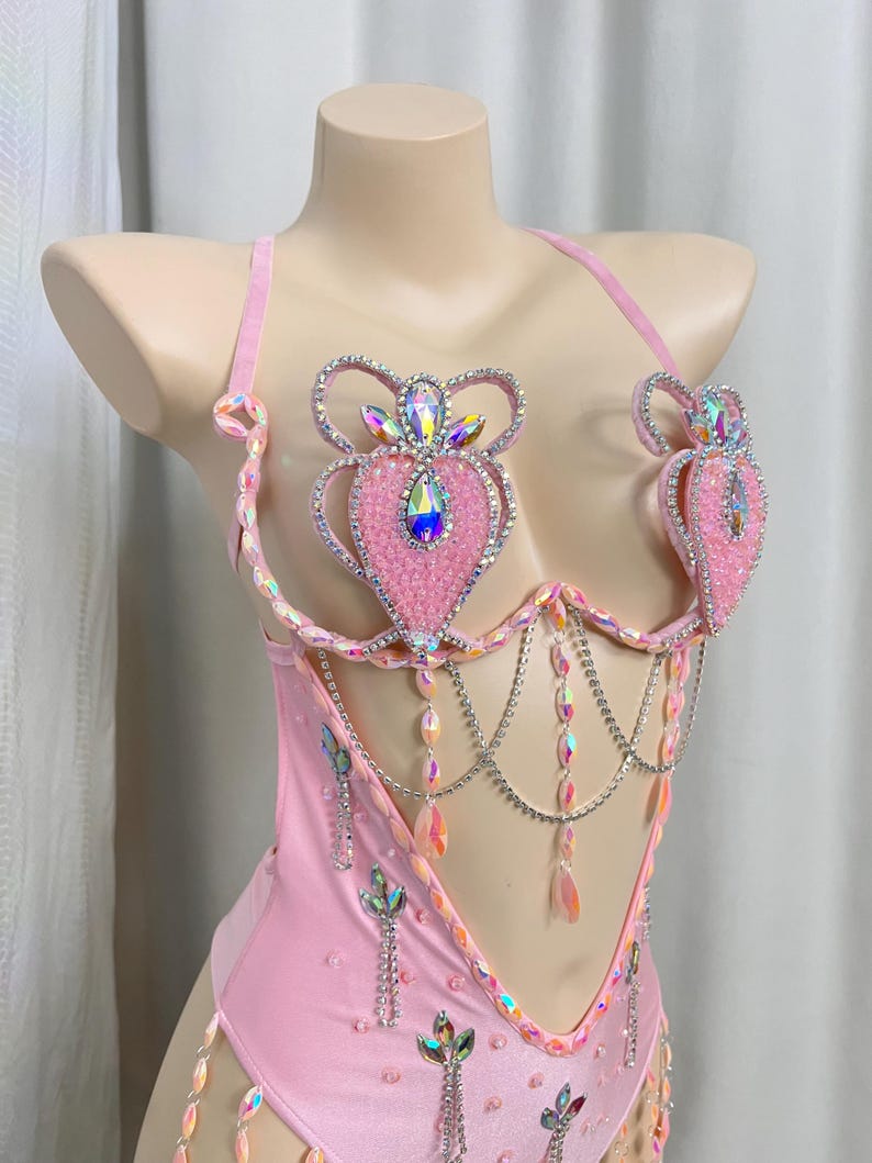 Women's Pink Sequin Beaded Rhinestone Halter Bodysuit Rave Dancewear