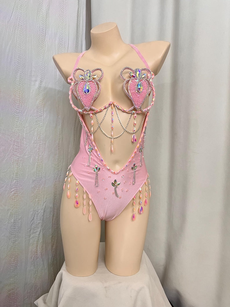 Women's Pink Sequin Beaded Rhinestone Halter Bodysuit Rave Dancewear