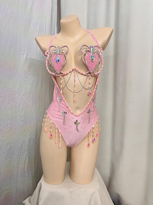 Women's Pink Sequin Beaded Rhinestone Halter Bodysuit Rave Dancewear
