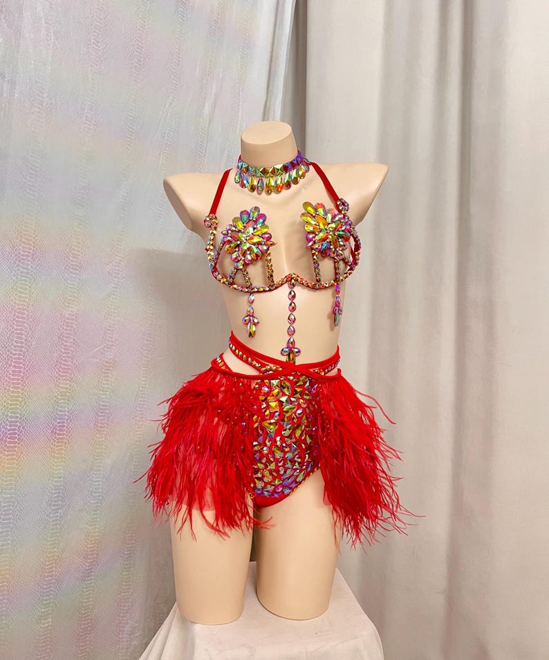 Women's Red Rhinestone Feather Crystal Carnival Samba Dance Costume