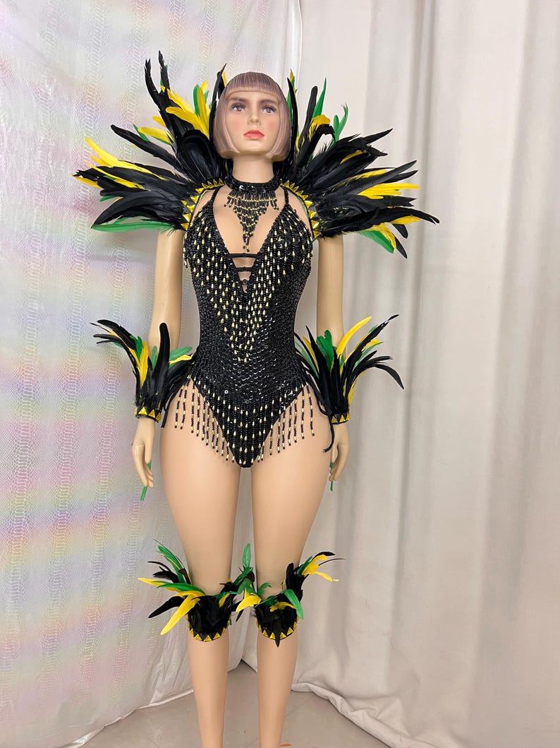 Carnival/Samba Dance Costume Women's Blue Sequin Beaded Feather Bodysuit with Arm Cuffs and Leg Bands