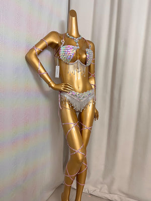 Dancewear Costume, Women's Iridescent White Rhinestone Fringe Bra Top and Skirt Set with Leg Wraps, Belly Dance Style