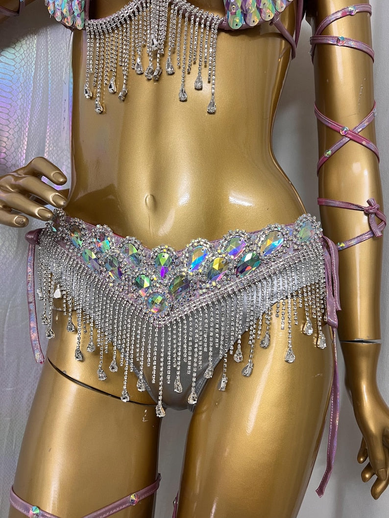 Dancewear Costume, Women's Iridescent White Rhinestone Fringe Bra Top and Skirt Set with Leg Wraps, Belly Dance Style