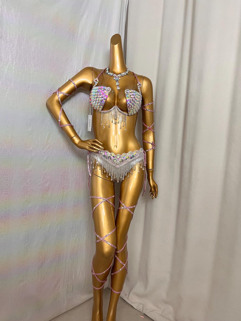 Dancewear Costume, Women's Iridescent White Rhinestone Fringe Bra Top and Skirt Set with Leg Wraps, Belly Dance Style