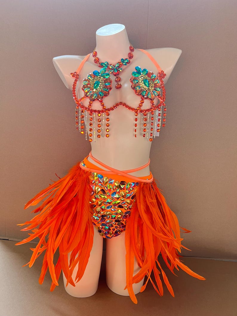 Carnival Women's Orange Feathered Sequin Rhinestone Halter Top and Skirt Set Samba Dance Costume