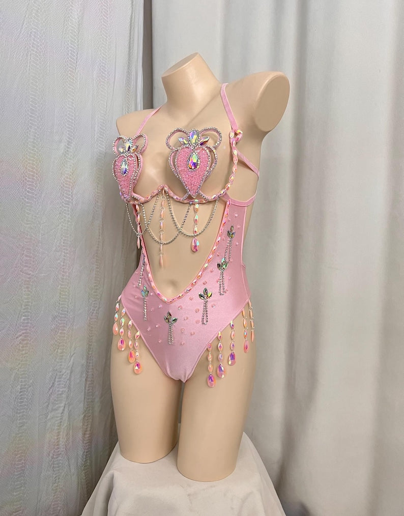 Women's Pink Sequin Beaded Rhinestone Halter Bodysuit Rave Dancewear