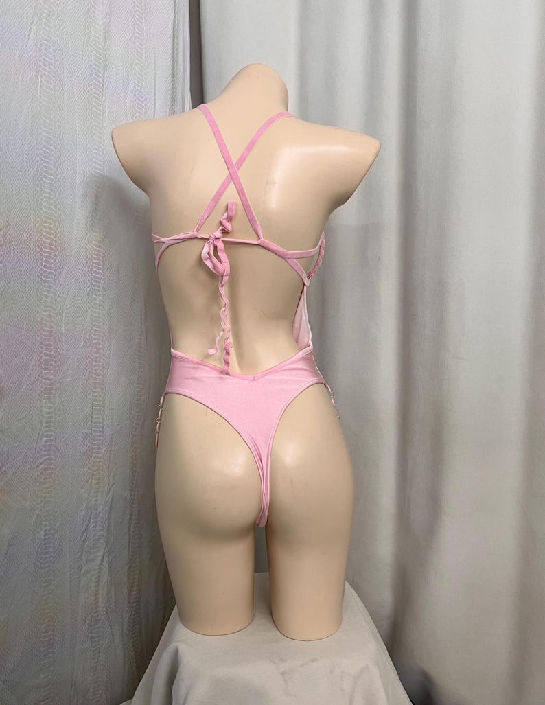 Women's Pink Sequin Beaded Rhinestone Halter Bodysuit Rave Dancewear