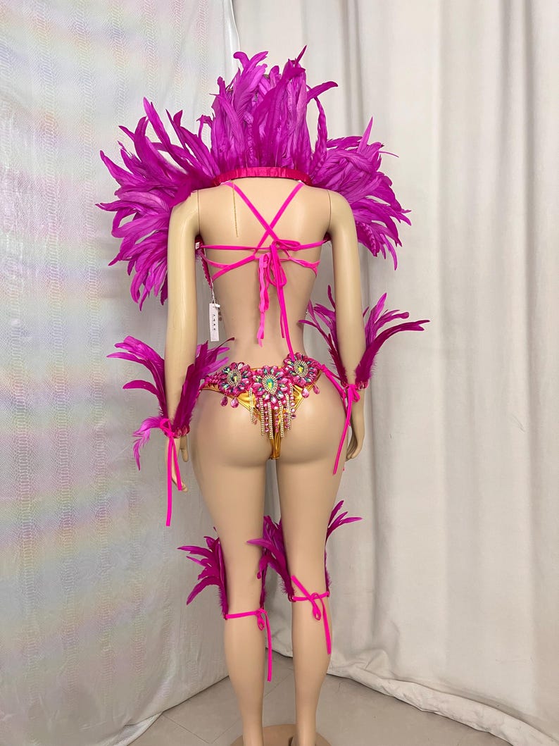 Carnival Costume Women's Hot Pink Feathered & Rhinestone Embellished Bra & Bikini Set with Arm & Leg Bands, Samba Dancewear