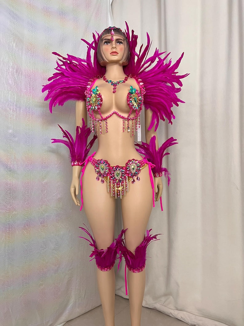 Carnival Costume Women's Hot Pink Feathered & Rhinestone Embellished Bra & Bikini Set with Arm & Leg Bands, Samba Dancewear