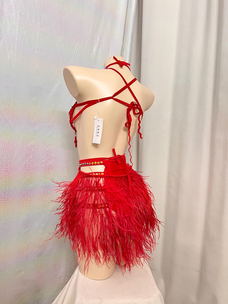 Women's Red Rhinestone Feather Crystal Carnival Samba Dance Costume
