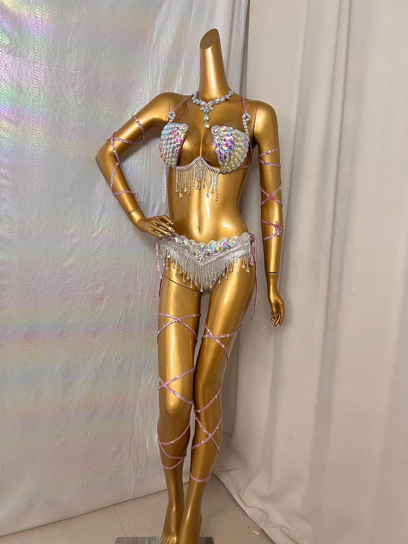 Dancewear Costume, Women's Iridescent White Rhinestone Fringe Bra Top and Skirt Set with Leg Wraps, Belly Dance Style