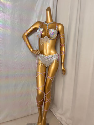 Dancewear Costume, Women's Iridescent White Rhinestone Fringe Bra Top and Skirt Set with Leg Wraps, Belly Dance Style