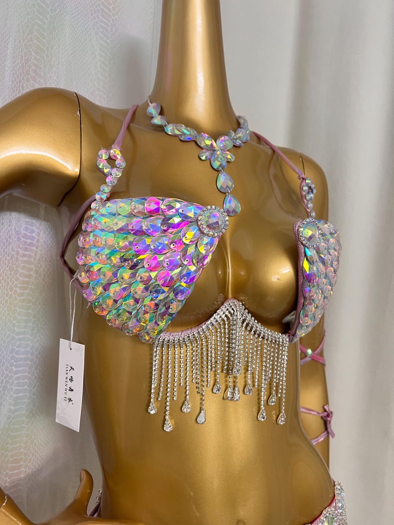 Dancewear Costume, Women's Iridescent White Rhinestone Fringe Bra Top and Skirt Set with Leg Wraps, Belly Dance Style