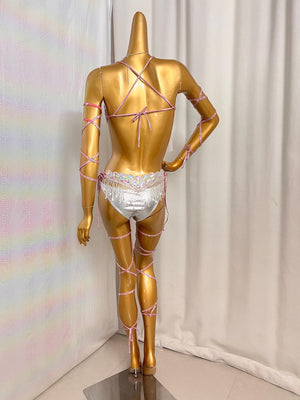 Dancewear Costume, Women's Iridescent White Rhinestone Fringe Bra Top and Skirt Set with Leg Wraps, Belly Dance Style