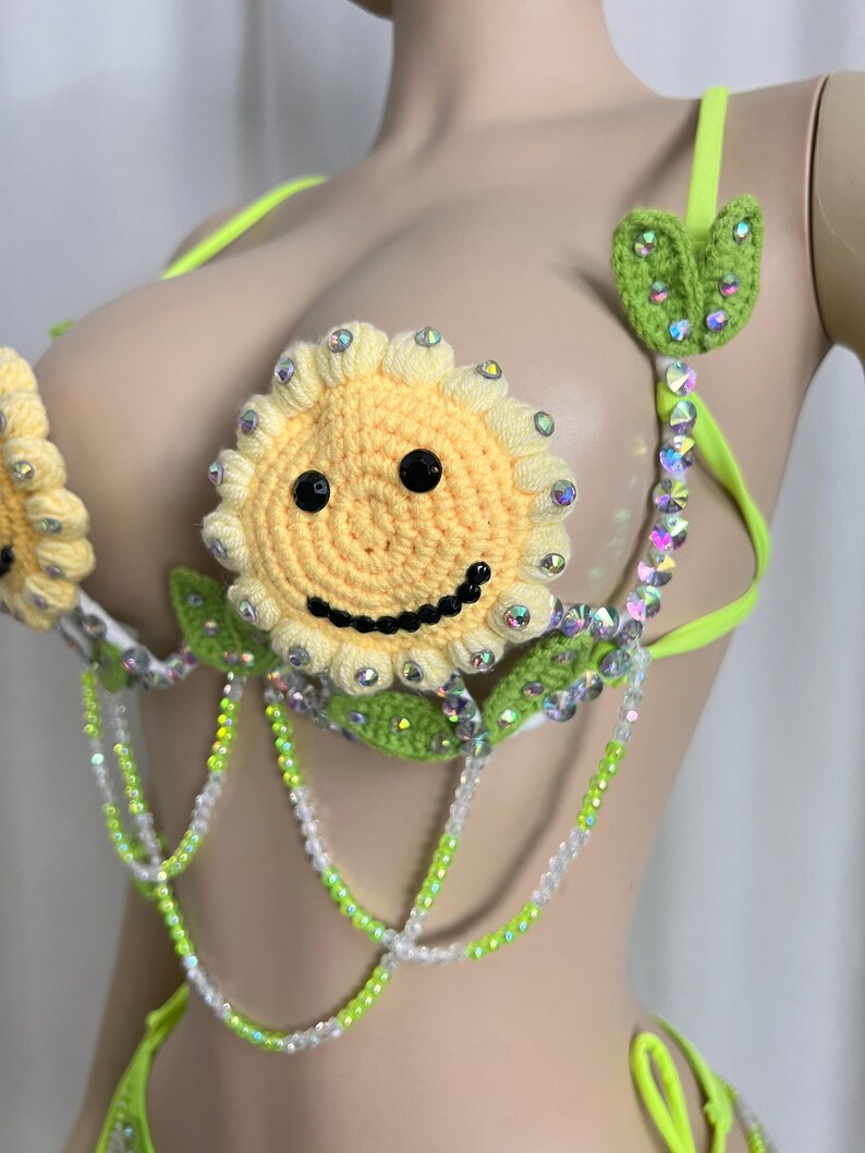 Women's Neon Green Crochet Smiley Face Beaded Rave Dancewear Set