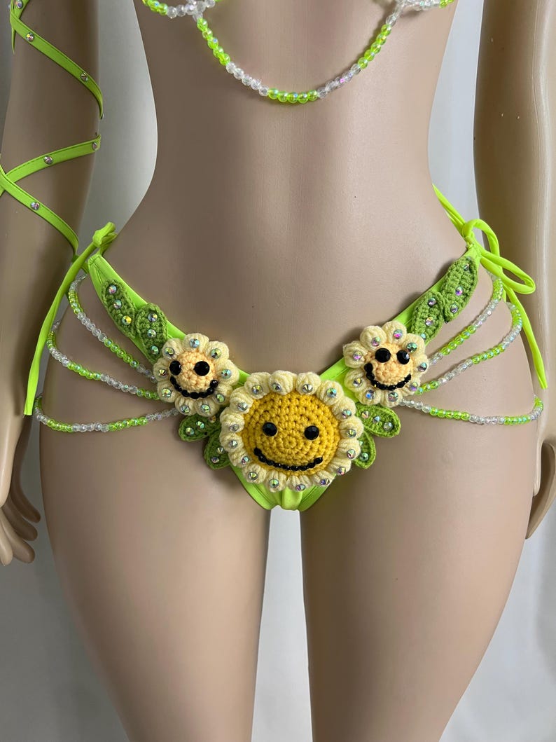 Women's Neon Green Crochet Smiley Face Beaded Rave Dancewear Set