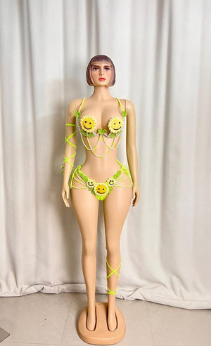 Women's Neon Green Crochet Smiley Face Beaded Rave Dancewear Set