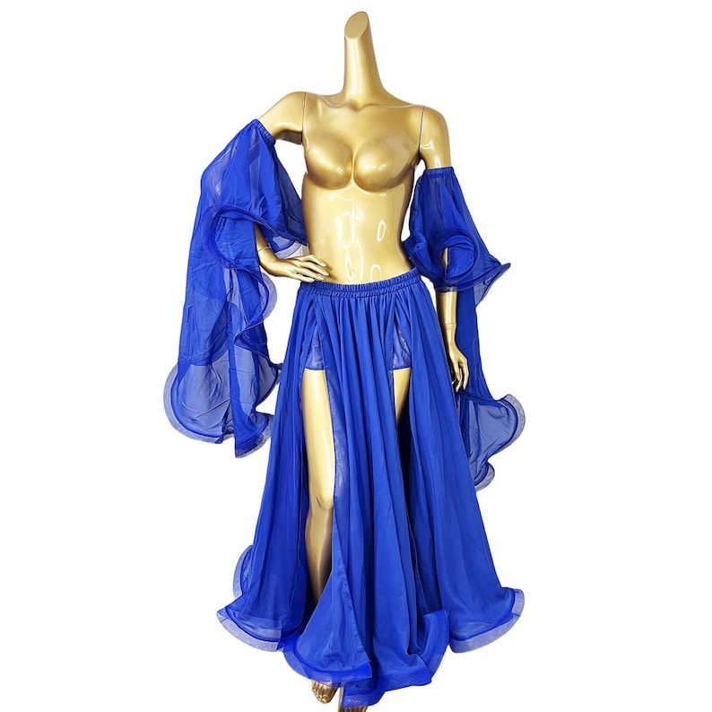 Women's Pink Chiffon Off-Shoulder Bell Sleeve Slit Skirt Belly Dance Costume