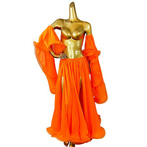 Women's Pink Chiffon Off-Shoulder Bell Sleeve Slit Skirt Belly Dance Costume