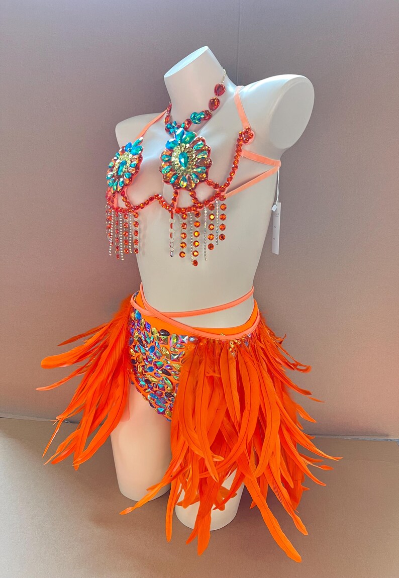 Carnival Women's Orange Feathered Sequin Rhinestone Halter Top and Skirt Set Samba Dance Costume