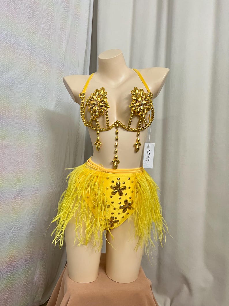 Women's Yellow Rhinestone & Feather Embellished Latin Dance Costume Set
