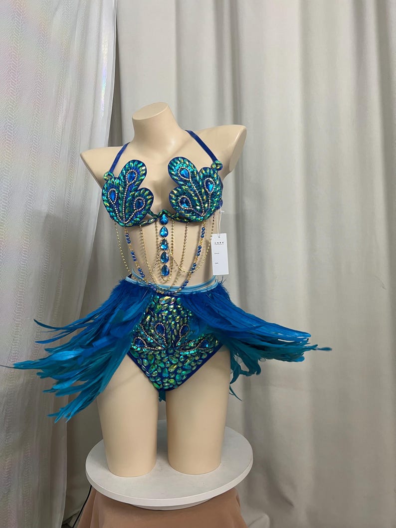 Women's Blue Sequin Feathered Halter Neck Rhinestone Bra & Briefs Set for Carnival Dance