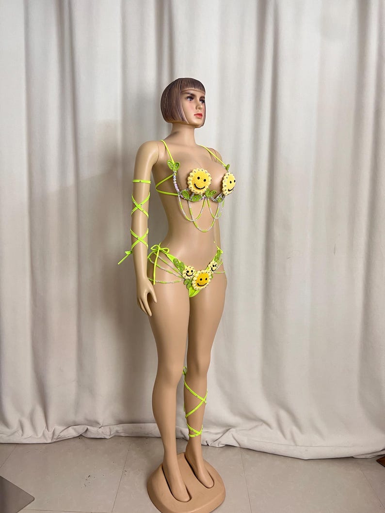 Women's Neon Green Crochet Smiley Face Beaded Rave Dancewear Set